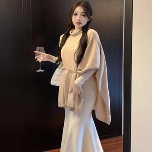 大码 小香风斗篷毛衣外套女秋冬季 胖妹妹慵懒风高领上衣披肩针织衫