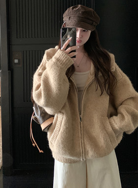 大码松弛感羊毛针织连帽毛衣开衫女秋冬季胖妹妹灰色外搭毛衣外套