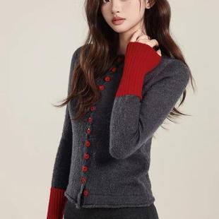 毛衣圆领长袖 大码 胖妹妹软糯开衫 撞色针织衫 慵懒风显瘦上衣 女春季