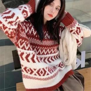 秋冬红色圣诞洋气小个子毛衣女复古宽松外穿慵懒风内搭针织衫 大码