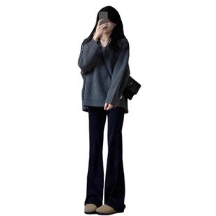 大码 上衣 慵懒风宽松v领灰色毛衣女秋冬季 胖mm显瘦内搭打底针织衫