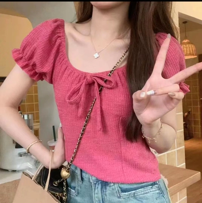 夏季胖妹妹法式泡泡袖露挤甜辣