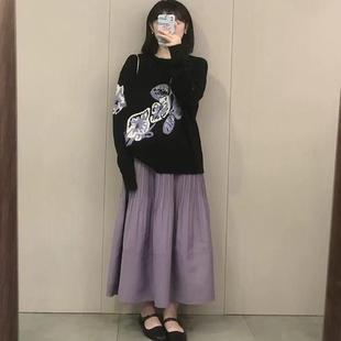 大码 上衣 圆领套头软糯毛衣女秋冬季 胖妹妹慵懒风高级感花朵针织衫