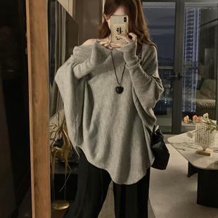 针织衫 大码 胖妹妹mm长袖 复古斜肩蝙蝠袖 慵懒上衣 套头毛衣女秋冬季