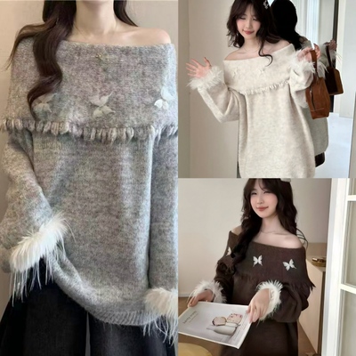 高级感蝴蝶结一字肩毛衣