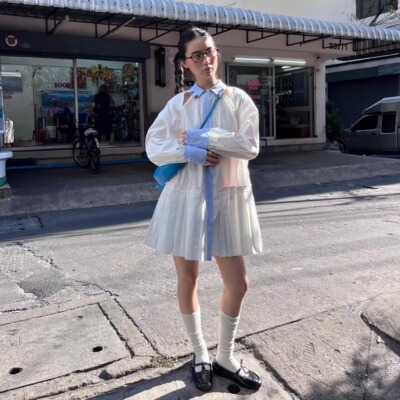 【现货】温柔法式白色长袖连衣裙女夏季短款百褶衬衫裙子