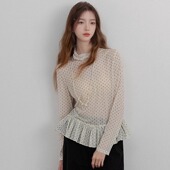 T恤2025春叠穿打底衫 杏色波点荷叶边长袖 芭蕾风上衣 现货