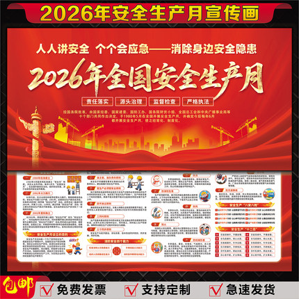 2026年安全月海报安全生产月主题宣传画工厂车间建筑工地展板贴纸