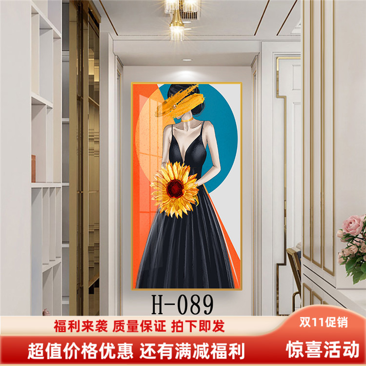 玄关新款入户对面过道简约轻奢美女风景沙发背景墙欧式晶瓷装饰画图片