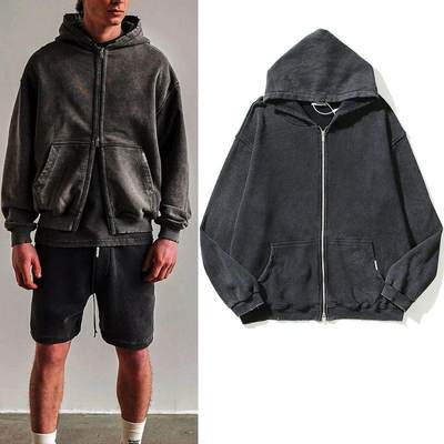 High Sreet Retro Washed Dirty Cut Zip Hoodies Jackets Men an