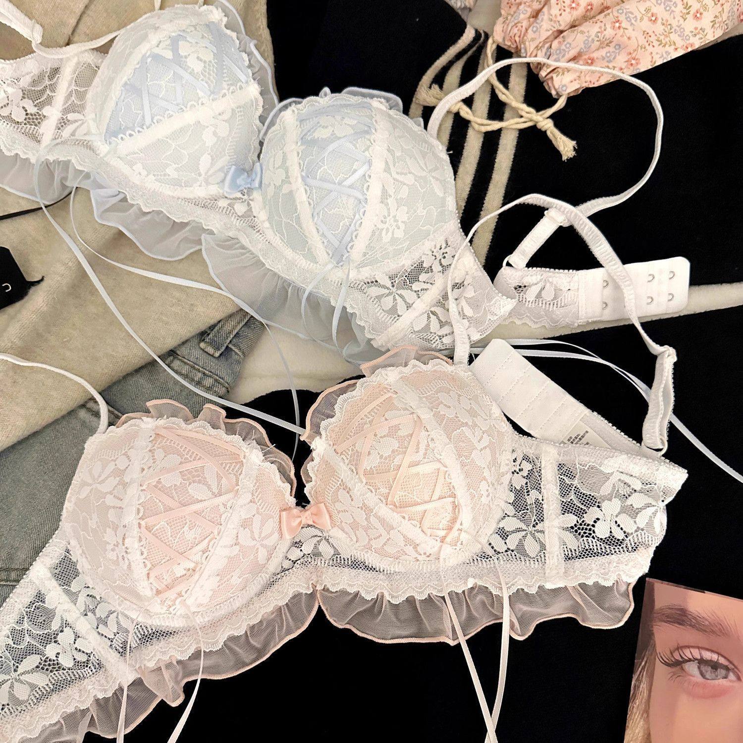 纯欲风绑带蕾丝花边内衣女套装性感小胸聚拢无钢圈上托专用文胸罩