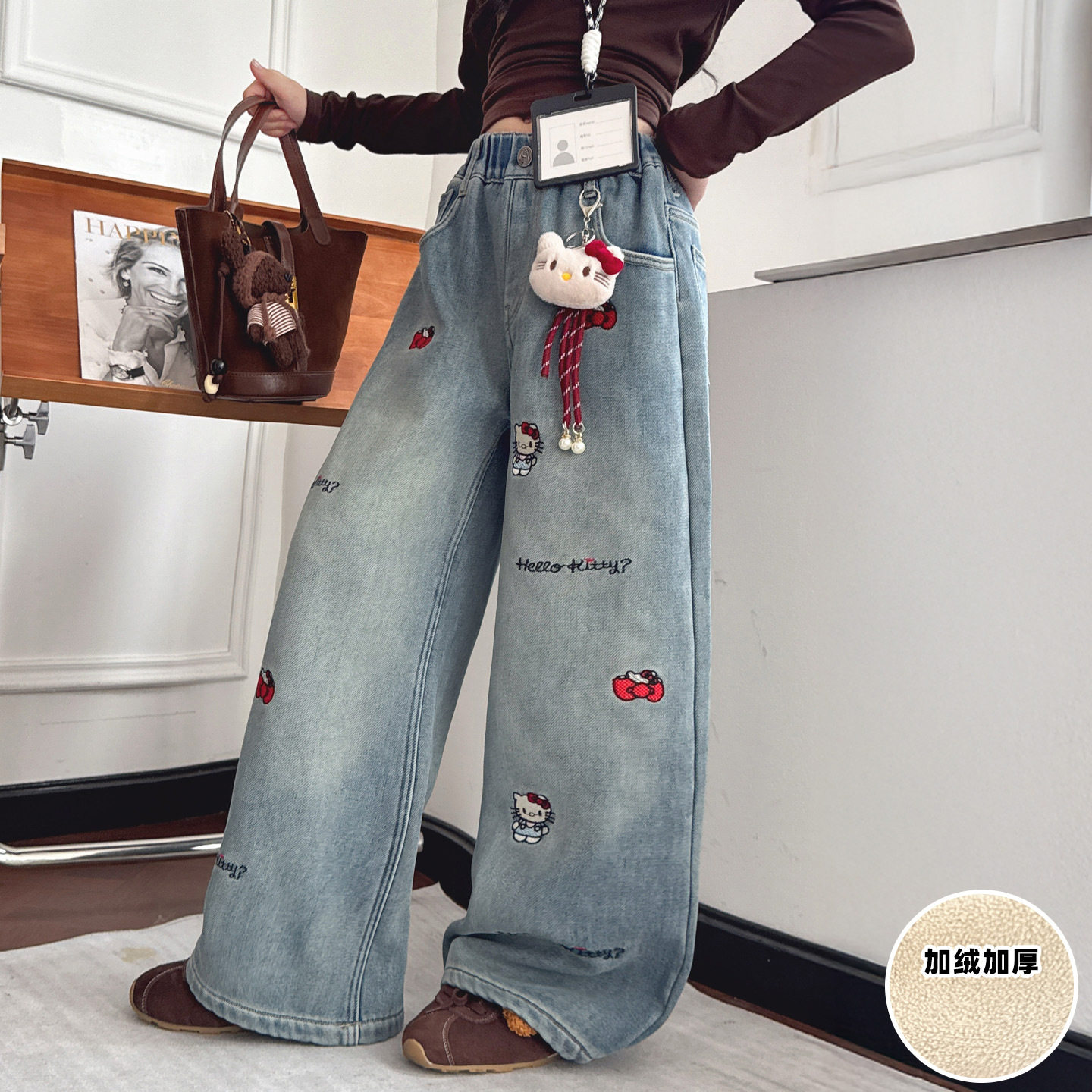 女童加绒牛仔裤冬装加厚2025新款大童宽松时髦卡通刺绣阔腿长裤潮