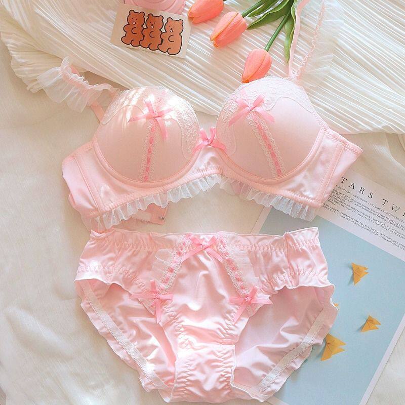 奶油甜妹~新款日系文胸套装蕾丝内衣女甜美纯欲小胸聚拢无钢圈薄