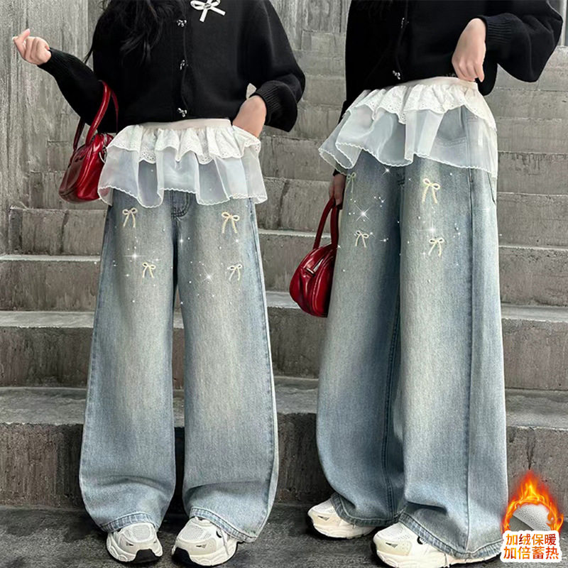 女童加绒裤子冬季加厚屁帘牛仔裤中大童装初中生一体绒直筒阔腿裤