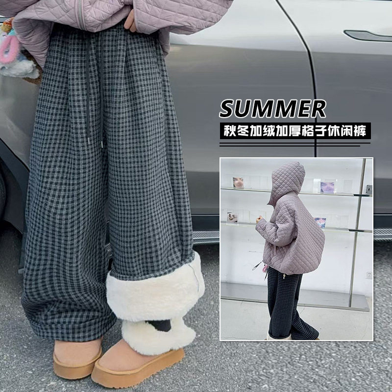 女童加绒裤子2026秋冬装新款儿童洋气中大童格子阔腿裤加厚毛呢裤