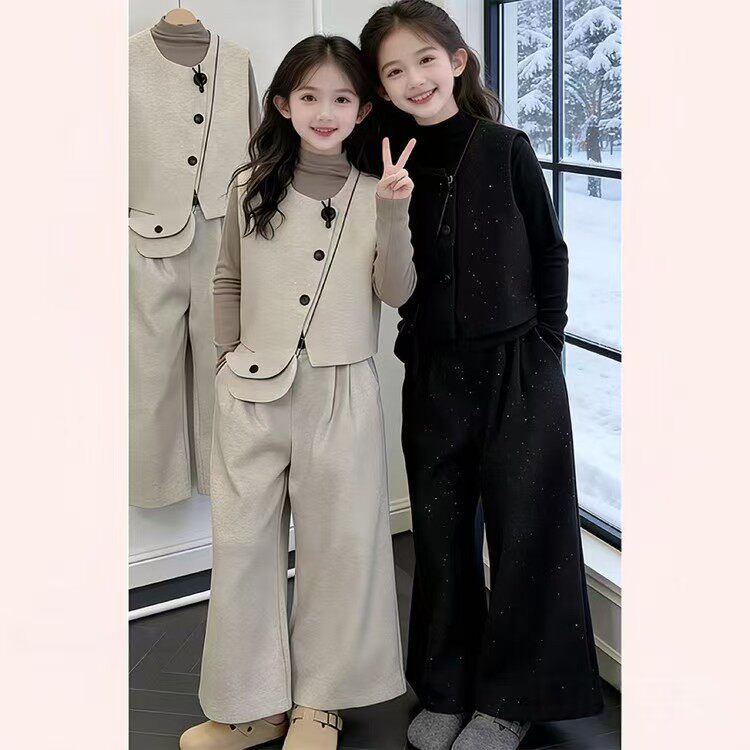 女童小香风撒银套装2026春装新款大童洋气时髦马甲阔腿裤三件套潮