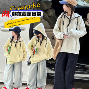 女童连帽卫衣套装春秋款2026大童初中生运动上衣儿童牛仔裤两件套