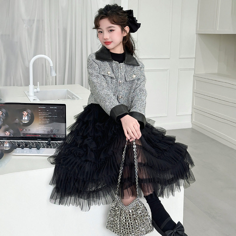 女童小香风套装2026春秋新款大童时髦法式短外套蛋糕裙公主裙子潮