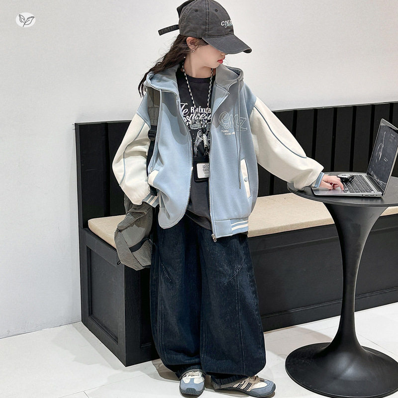 女童卫衣外套2026年秋季新款字母印花连帽夹克衫中大童撞色棒球服