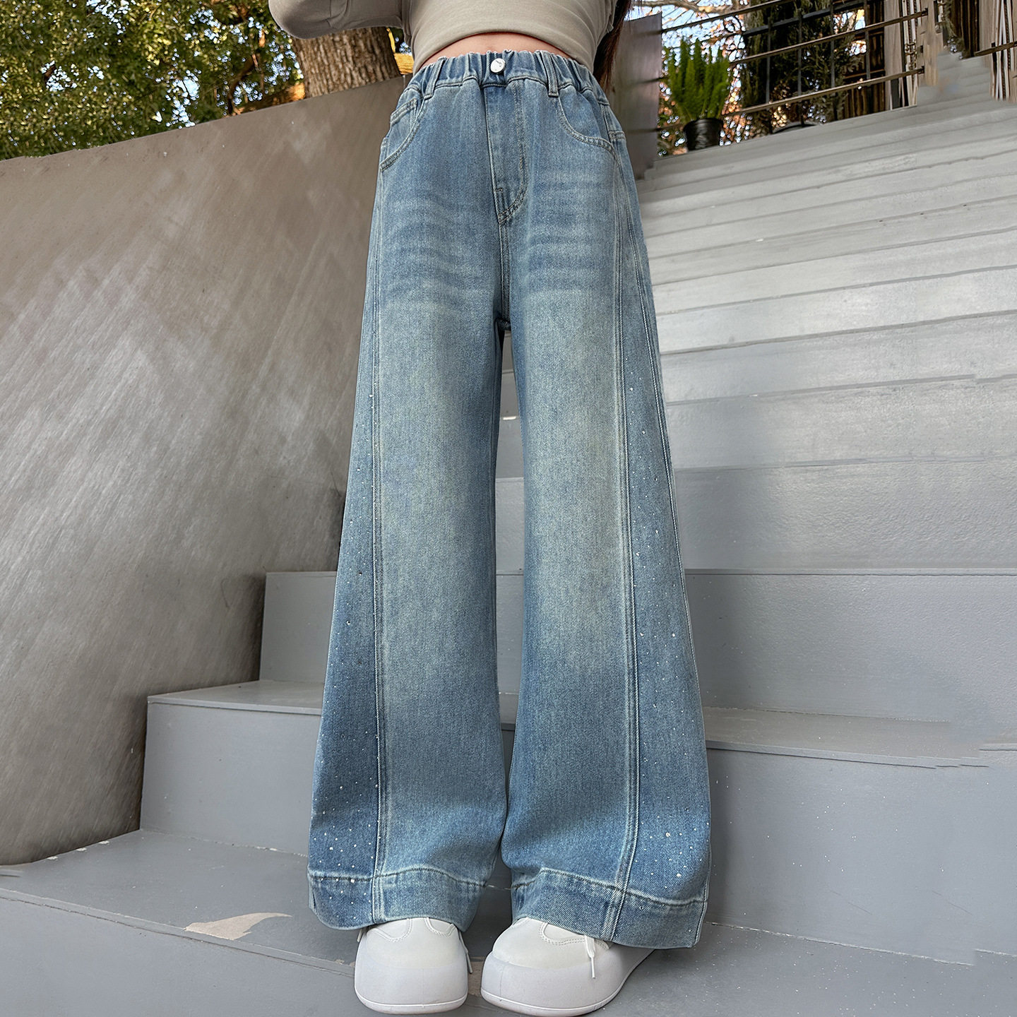 女童加绒牛仔裤冬季2026新款女大童冬装加厚阔腿裤儿童一体绒裤子