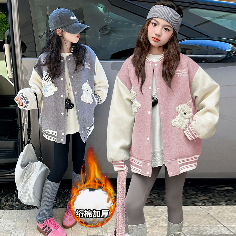 女童冬季外套2025新款女大童秋冬韩系加厚棒球服儿童休闲夹克上衣