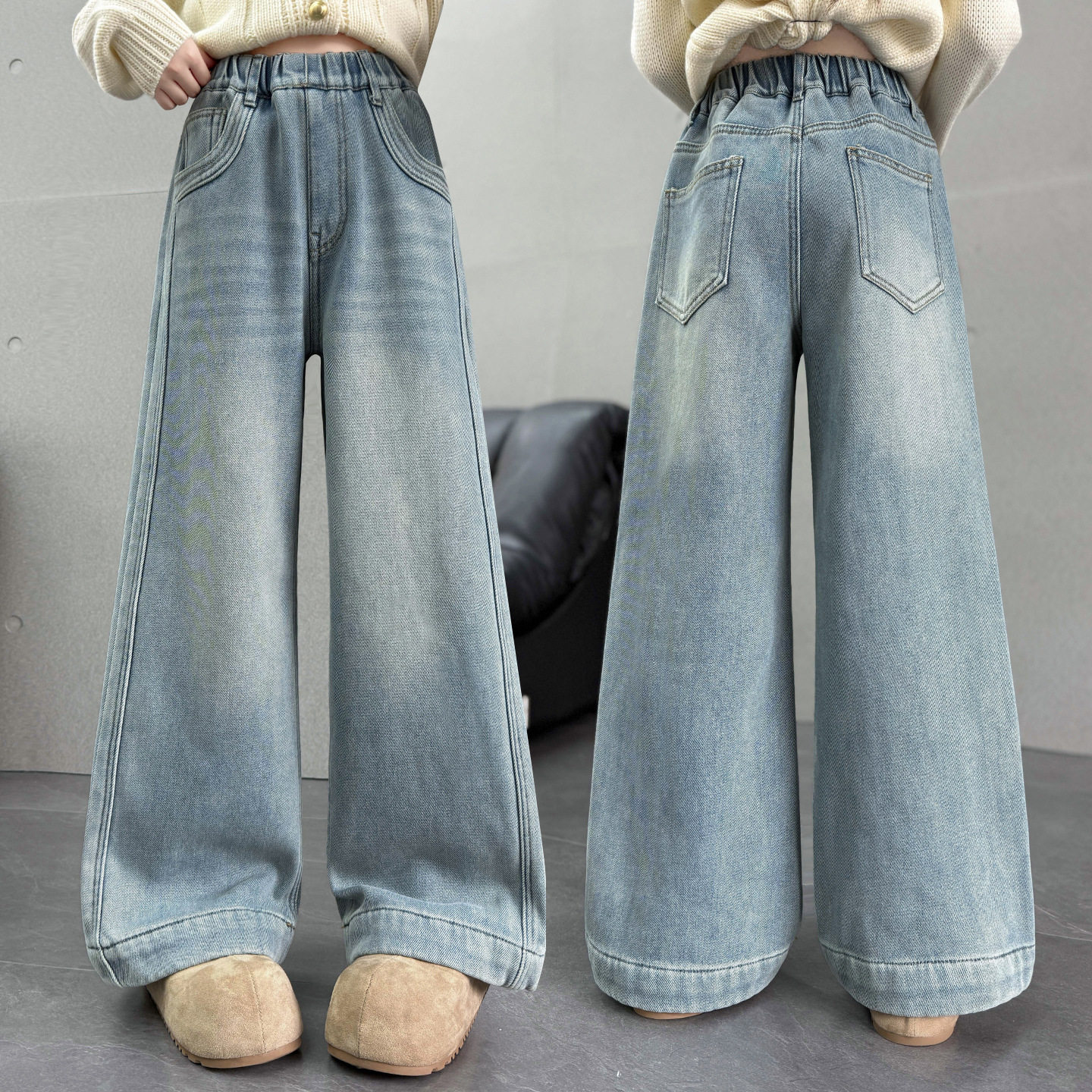 跨境女童复古牛仔裤阔腿裤春秋2026新款中大童一体绒加厚冬装裤子,童装/婴儿装/亲子装,儿童牛仔裤,淘宝优惠券,粉丝福利购,淘宝优惠卷