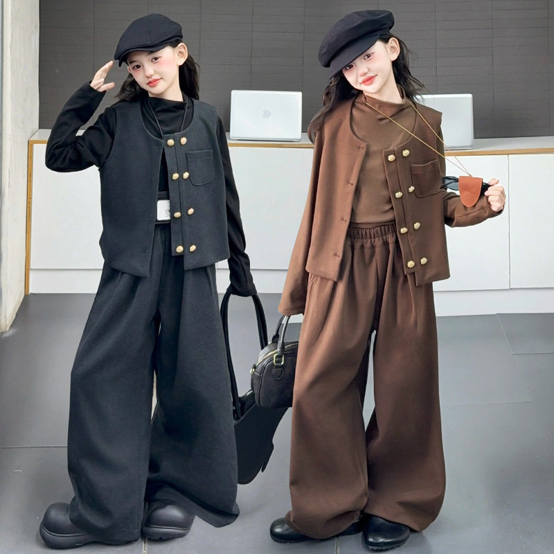 女童秋冬韩版套装2026新款儿童洋气时髦中大童休闲阔腿裤三件套潮