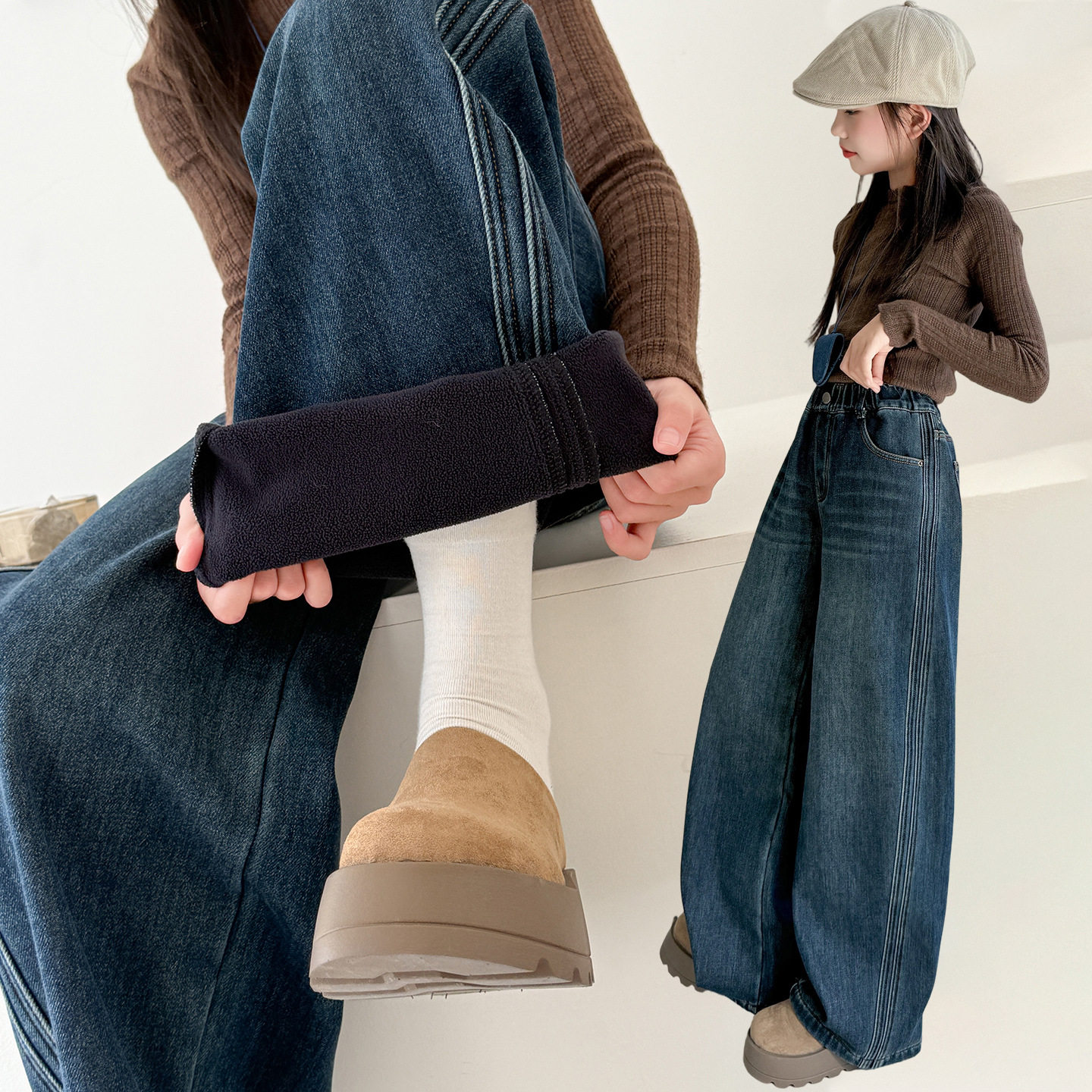 女童冬装加绒牛仔裤2025新款大童时髦复古直筒裤加厚保暖阔腿长裤