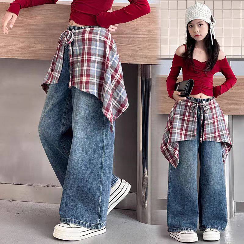 女童牛仔裤2025春秋新款儿童洋气时髦韩版秋装女孩格子屁帘阔腿裤