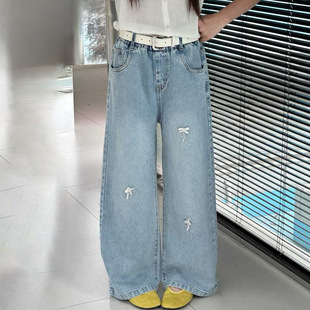 女童牛仔裤春季2026新款儿童装烫钻亮片阔腿裤中大童长裤子直筒裤