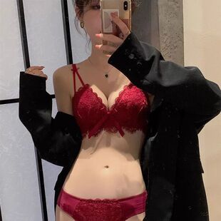 红色本命年喜事内衣女上薄下厚小胸聚拢显大性感蕾丝花边文胸套装