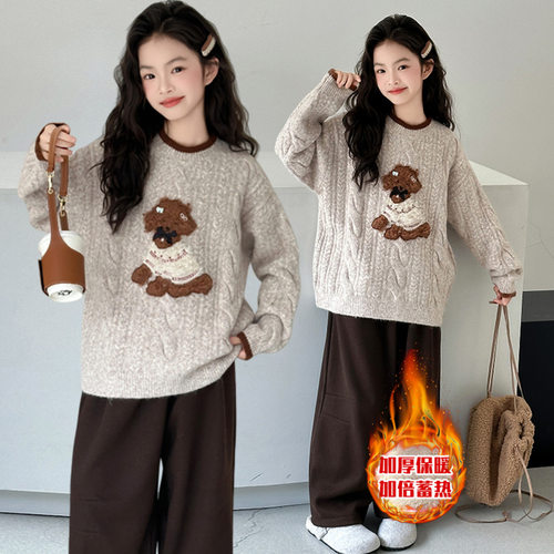 女童奶咖卡通套头毛衣秋冬新款