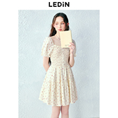 乐町甜美方领碎花裙年夏季 打揽连衣裙 收腰显瘦短裙法式 新款 女装