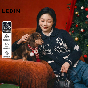 马上快乐正肩线开衫 翻领毛针织衫 新款 乐町撞色提花毛衣外套女冬季