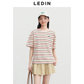 新款 乐町多色条纹宽松短袖 女25年夏季 小落肩圆领上衣韩系少女T恤