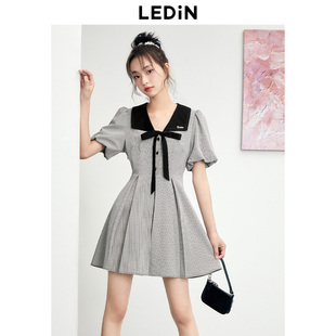 百褶裙子 通勤格纹显瘦短袖 乐町大翻领蝴蝶结甜美连衣裙女装 春夏季