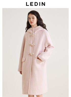 乐町韩系少女风长款连帽牛角扣大衣女冬季绵羊毛呢子外套