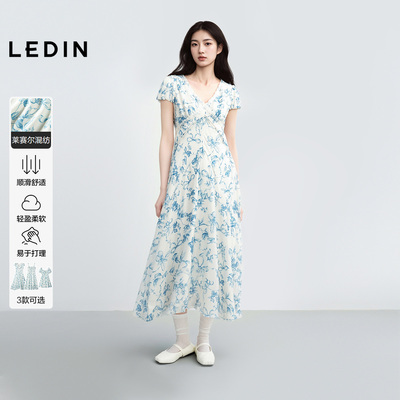 乐町插画师图案南法度假风连衣裙女2025年夏季新款满版碎花裙子