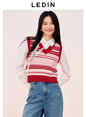 【商场同款】乐町红色条纹V领针织背心女秋冬圣诞毛衣C1EFF1227*