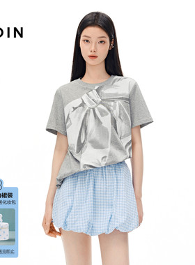 乐町少女感蝴蝶结满印T恤夏季新款流星雨细闪全棉oversize短袖