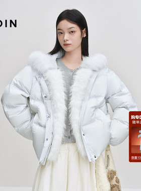 乐町清新蓝色系短面包羽绒服女装25冬季新款狐狸毛领保暖派克外套