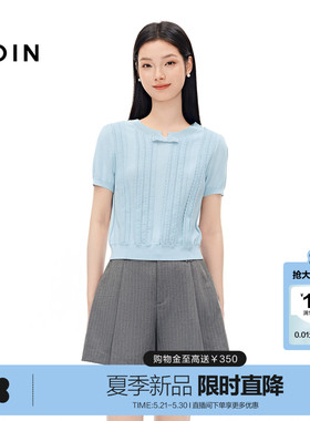 乐町miu系短袖针织衫夏季新款俏皮蝴蝶结装饰蓝色V领上衣正肩T恤