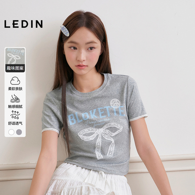 【商场同款】乐町蝴蝶结修身短袖早秋新款甜美印花短T恤C1CNF3226