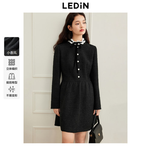 乐町韩系千金风外套式连衣裙女年冬季新款小香风撞色领口长袖裙