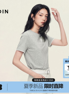 乐町立体小花短袖女夏季新款正肩圆领灰色上衣花边拼接袖口T恤
