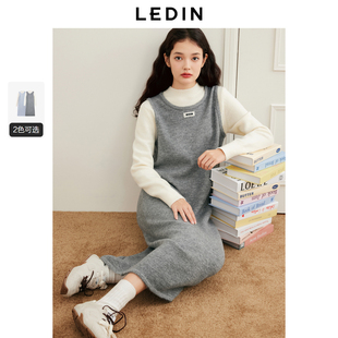 乐町假两件针织撞色长裙女装 直筒宽松长裙镂空蕾丝小标连衣裙 冬季