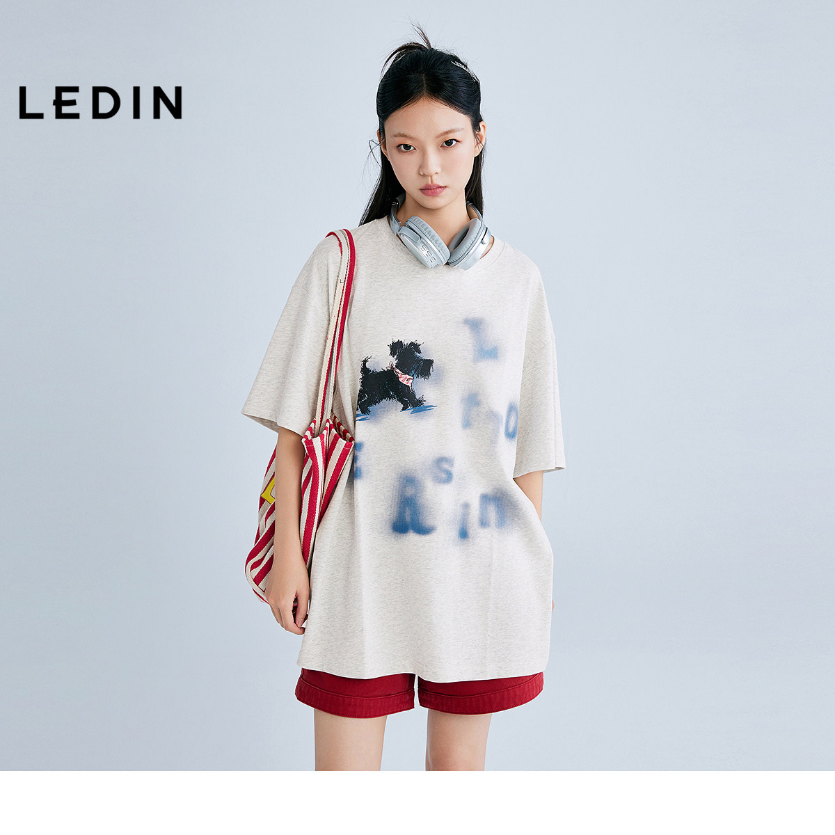 【商场同款】乐町字母小狗宽松短袖T恤夏季新款白色短袖C2CNF2509