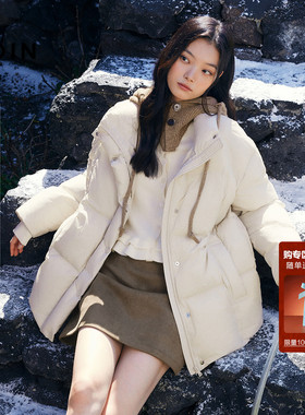 乐町一手长面包羽绒服女装2025年冬季新款可脱毛线帽肌理感超轻暖