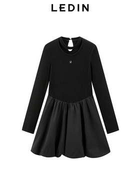 【商场同款】乐町拼接收腰连衣裙设计感领子长袖小黑裙C1FAF1202*