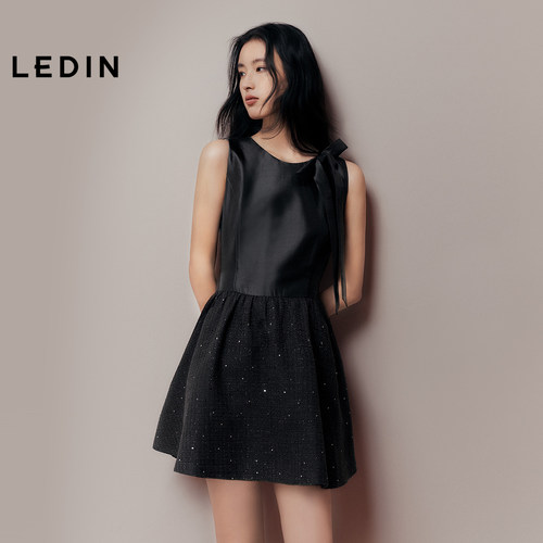乐町韩系千金感连衣裙女装2025年秋季新款侧边蝴蝶结亮闪连衣裙